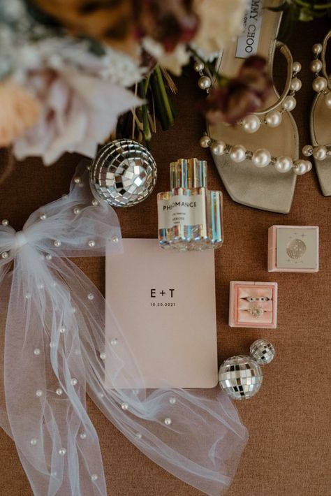 Wedding Details Flat Lay | Image by Map + Compass Photography Ball Themed Wedding, Disco Themed Wedding, Pink Disco Ball, Wedding Flat Lay, Elopement Photoshoot, Prospect House, Disco Wedding, Pink Disco, February Wedding