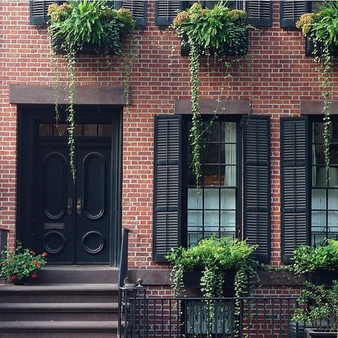 Townhouse stalking in #GreenwichVillage = the best way to spend an 88° Sunday in NYC. #windowboxenvy Brick Manor House, Black Garage Door Brick House, Garage Door Brick House, Brickwork Pattern, English Bond, Black Garage Door, Red Brick House Exterior, Red Brick Exteriors, Black Garage