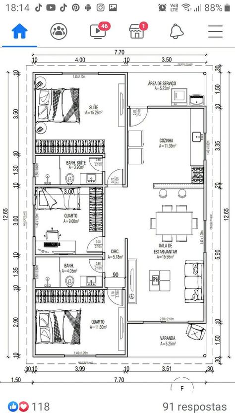 Square House Plans, Single Storey House Plans, House Interior Kitchen, Simple Floor Plans, Three Bedroom House Plan, Bungalow Floor Plans, House Floor Design, Building House Plans Designs, Small House Floor Plans