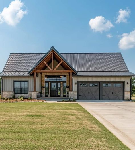 Tan Exterior House Colors, Barndominium Exterior, Metal Building House Plans, Mobile Home Exteriors, Ranch House Exterior, Barn House Design, Barn Style House Plans, Dream Life House, Barn Style House