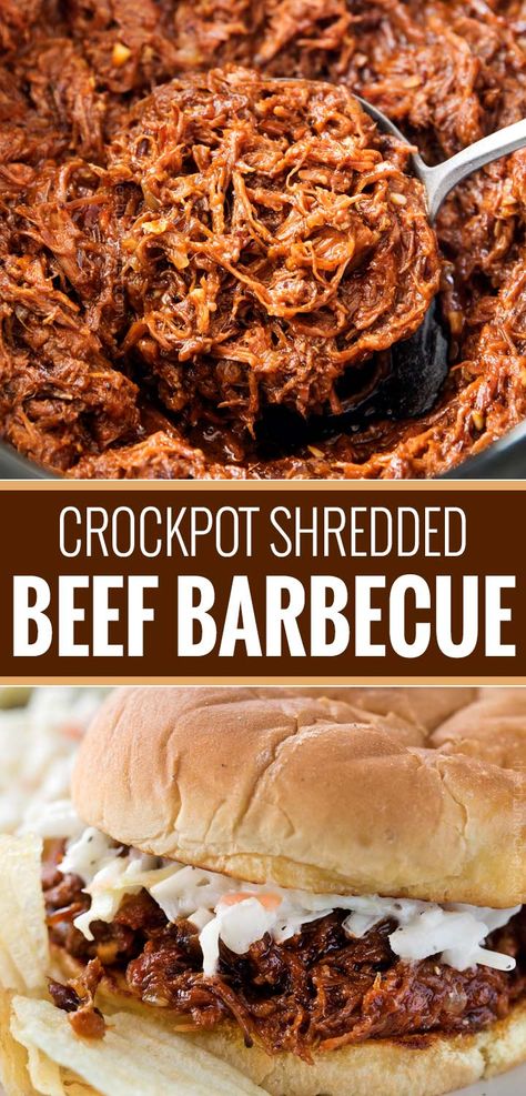 Perfect for a summer cookout or potluck, this shredded beef barbecue recipe is made easily in the crockpot! With a quick and easy homemade barbecue sauce that's sweet and tangy, this beef bbq is truly the best! | #bbq #barbecue #beef #potluck #summer #crockpot #slowcooker Crock Pot Shredded Beef, Crockpot Shredded Beef, Bbq Beef Sandwiches, Meals Crockpot, Shredded Beef Recipes, Beef Barbecue, Barbecue Recipe, Chunky Chef, Homemade Barbecue