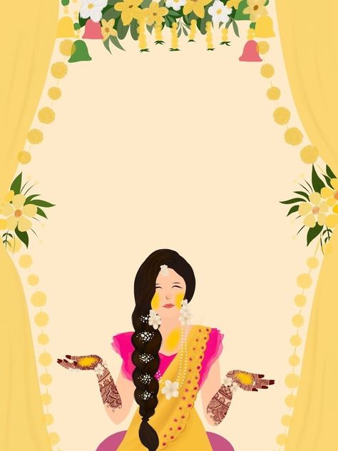 Indian Bride Illustration Art, Haldi Card Template, Haldi Wallpaper, Haldi Bride Illustration, Haldi Template Background, Haldi Board Ideas, Haldi Invitation Card Background, Haldi Invitation Card Template, Haldi Illustration