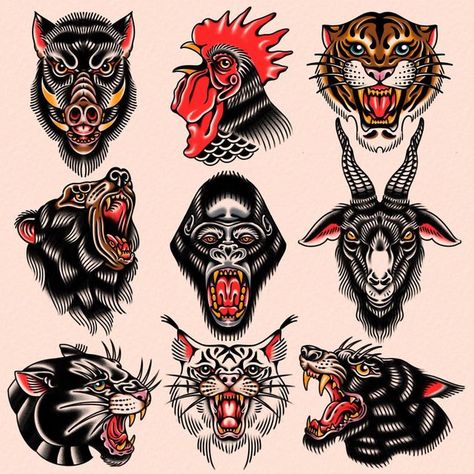 Old School Tattoos Black, Manly American Traditional Tattoos, Old American Traditional Tattoo, Flash Animal Tattoo, American Traditional Animal Head Tattoo, American Trad Animal Tattoo, Traditional Buck Tattoo, Traditional Style Animal Tattoos, Old School Tattoo Animal