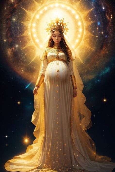 Sun Woman Art, Crown Concept Art, Sun Person, Pregnant Woman Art, Celestial Woman, Celestial Backdrop, Sun Crown, Radiant Woman, Stars And Galaxies