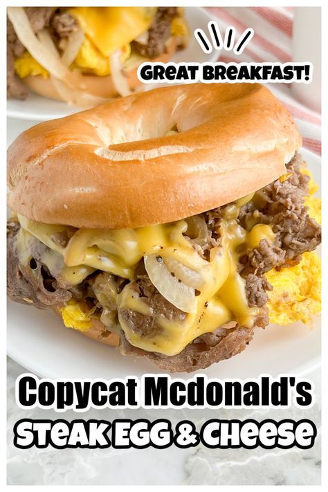 Mcdonald's Steak Egg And Cheese Bagel, Steak Egg And Cheese Bagel, Cheese Bagel Recipe, Copycat Mcdonalds, Shaved Beef Recipe, Egg And Cheese Bagel, Steak Breakfast, Bagel Breakfast Sandwich, Mcdonalds Breakfast