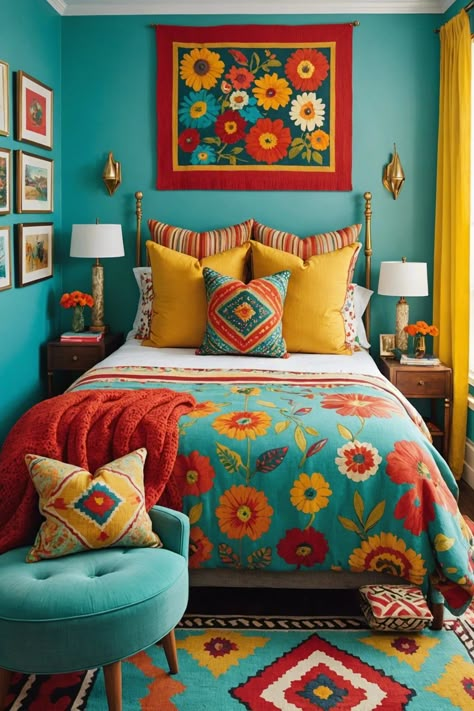 20 Eclectic Bedroom Designs To Inspire You – ToolzView Bright Room Colors Bedrooms, Bright Colored Bedroom Ideas, Colourful Boho Decor, Fun Guest Bedroom Ideas, Primary Color Bedroom, Colorful Guest Bedroom, Mexican Inspired Bedroom, Colorful Bedrooms, Maximalist Decor Eclectic