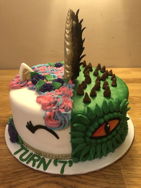 Split Theme Cake, Half Unicorn Half Dinosaur Cake, Split Cake Design Birthdays, Unicorn And Dragon Cake, Dino Unicorn Cake, Dinosaur And Unicorn Cake, Dinosaur Rainbow Cake, Dinosaur Unicorn Cake, Unicorn Dinosaur Cake