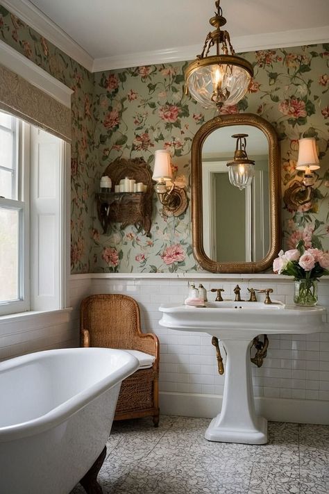 Small Rustic Cabin Bathroom, Cute Cottage Bathroom, Expensive Home Decor On A Budget, Old Farmhouse Bathroom Remodel, How To Make A Small Room Feel Bigger, Home Decor Details, 19th Century Interior Design, Emilie Kiser House, English Manor Bathroom