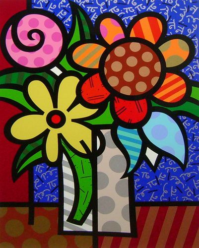 Romero_Britto_flores Romero Britto Art, Britto Art, Fish Sculpture, Pola Sulam, Art Pop, Pin Up Art, Famous Artists, Whimsical Art, Modern Painting