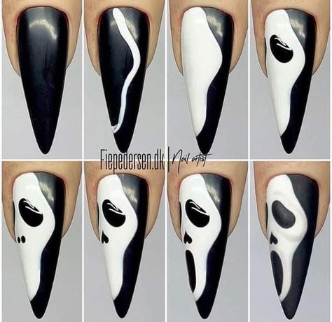 Scream Nails Tutorial, Scream Nail Art Tutorial, Ghostface Nail Art, Scream Mask Nails, Scream Face Nails, Scream Acrylic Nails, Halloween Nails Ghostface, Scream Nails Acrylic, Halloween Scream Nails