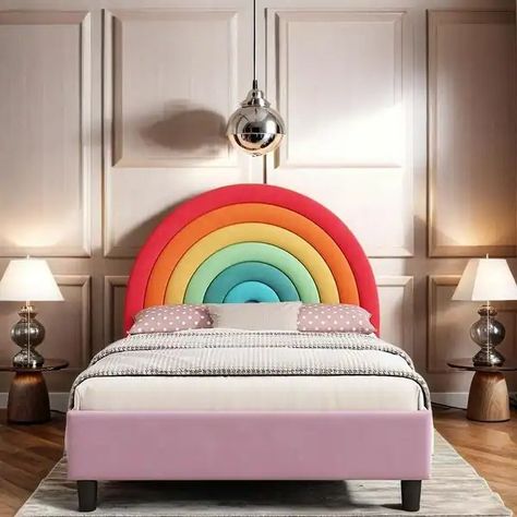 Diy Kids Headboard, Girls Bedroom Ideas Rainbow, Bed Sport, Rainbow Headboard, Rainbow Bed, Rooms Design, Twin Platform Bed, Painted Rainbow, Diy Headboards