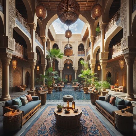 Arab Style Courtyard, Arabesque Interior Design, Modern Middle Eastern Interior Design, Arabian Restaurant Interior Design, Luxury Moroccan Interior, Arabian Interior Design, Middle Eastern Interior Design, Arab Interior, Arabian House Design