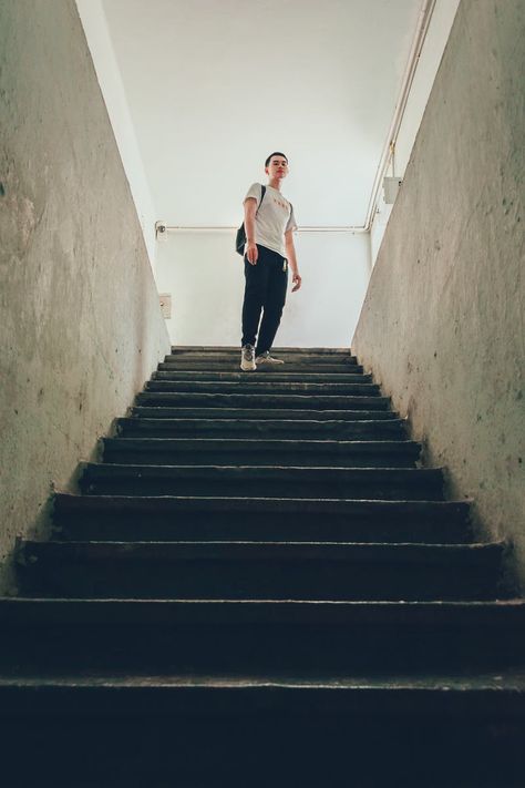 Stairs Reference, Looking Into The Distance, Concrete Staircase, Take The Stairs, Wooden Stairs, Photographs Of People, Vacation Pictures, Ap Art, Blue Backpack