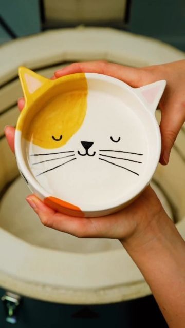 Ceramics Cat Bowl, Cat Plate Ceramic, Ceramic Cat Bowl Ideas, Cat Bowl Pottery Painting, Cat Plates Pottery, Cat Ceramic Bowl, Pottery Kids Ideas, Cat Pottery Ideas, Pottery Cat Bowl