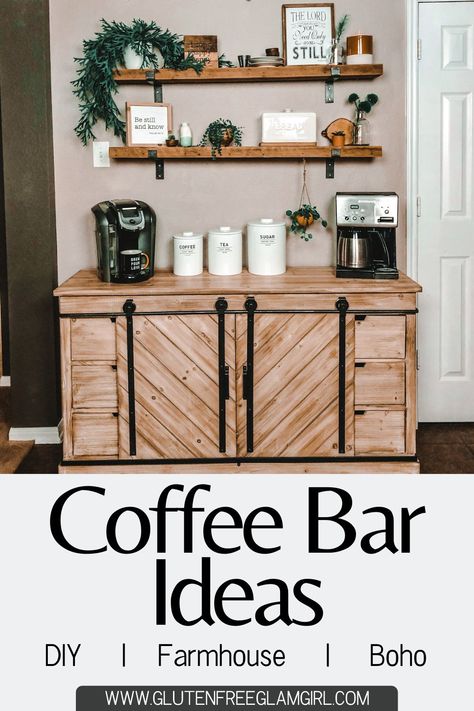 Discover how you can create a Boho Farmhouse Coffee Bar DIY style in your home with these tips! Farmhouse Alcohol Bar, Boho Farmhouse Coffee Bar, Coffee Bar Inspiration Farmhouse, Boho Coffee Corner, Diy Coffee Bar Plans, Boho Coffee Station, Coffee Bar Ideas Boho, Coffee Bar Wall Ideas, Boho Coffee Bar Ideas