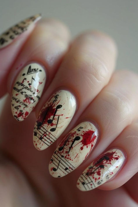 Musical Harmony February Nail Art With A Melodic Twist Musical Note Nails, Nails Music Design, Piano Nail Art, Music Notes Nails, Hadestown Nails, Music Nail Ideas, Music Note Nail Designs, Sweeney Todd Nails, Remembrance Day Nail Art