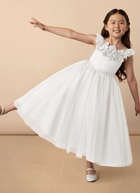 Demetra is our adorable flower girl dress cut from tulle, lace, and matte satin. She features a tulle A-line skirt, a matte satin belt, and a bow. Flower Girl Dress Ankle Length, Casual Flower Girl Dresses, Fall Wedding Flower Girl, Flower Girl Dresses White, Cousin Wedding, Dress For, Satin Belt, Ivory Flower Girl, Ivory Flower Girl Dresses