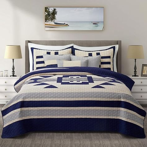 Amazon.com: NELIFDER 6 Peice California King Size Quilt Sets Navy Blue Cream Patchwork Oversized Bedspread 100% Cotton 118"x102" Neutral Handmade Modern Bed Coverlets Set : Home & Kitchen California King Quilts, King Size Quilt Sets, Rustic Bedding Sets, Green Bedding Set, Patchwork Bedspread, Black Bed, Luxury Bed Sheets, Coverlet Bedding, Queen Size Quilt