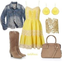 Just take out the wrings and the purse and it's Marley's formal attire- fall Cowgirl Sundress, Spring Country Outfits, Country Girl Dresses, Cowgirl Boots Outfit, Country Outfit, Outfit Polyvore, Country Style Outfits, Cute Country Outfits, Looks Country