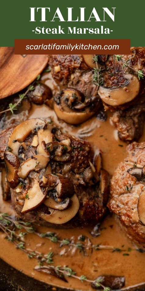 Steak Marsala is a delicious and easy dinner recipe, made start to finish in an hour. Juicy steaks are served in a savory marsala sauce with mushrooms that perfectly completes the dish. Filet Marsala Recipe, Mushroom Marsala Sauce For Steak, Beef With Mushrooms Recipes, Red Meat Recipes Dinners, Steak Dinner Ideas Healthy, Steak And Mushroom Recipes, Italian Sunday Dinner Ideas, Stake Recipe Dinners, Steak Marsala Recipe