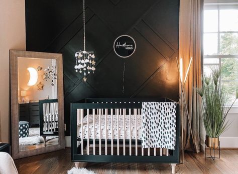 Nursery Ideas With Black Crib, Dark Wall Nursery, Dark Nursery Ideas Boys, Dark Moody Nursery, Moody Baby Nursery, Black Crib Nursery Ideas, Black Baby Nursery, Black Crib Nursery, Alternative Nursery