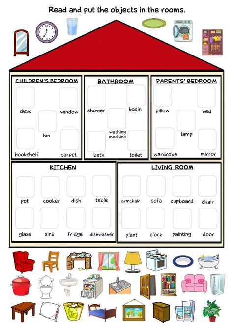 English Interactive Activities, Rooms In My House Worksheet, Rooms In A House Worksheet For Kids, Things In The House Worksheet, English Learners Activities Ideas, Rooms In The House Worksheets For Kids, Teaching Activities For Kids, Furniture Vocabulary English, Parts Of The House Worksheet For Kids