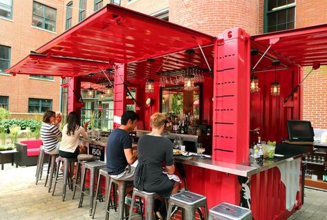 A shipping container is being used for an outdoor bar at Cinquecento Roman Trattoria in the South End. Shipping Container Restaurant, Shipping Container Cafe, Container Coffee Shop, Iso Container, Cargo Container Homes, Container Restaurant, Container Cafe, Sea Containers, Container Conversions