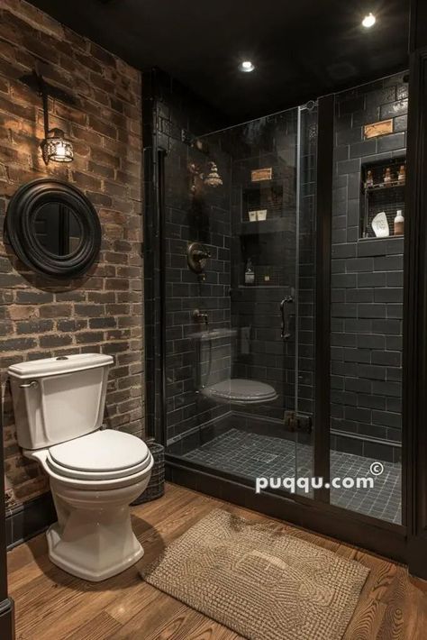 Industrial Bathroom Ideas, Bloxburg Apartment, Moody Bathroom, Witchy Cottage, Dark Bathroom Ideas, Masculine Bathroom, Small Bathroom Ideas Black, Corner Toilet, Dark Bathrooms