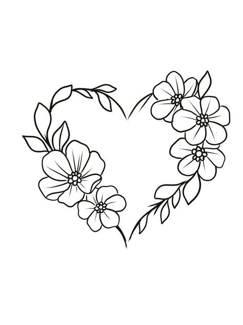 Design For Embroidery Ideas, Heart And Flowers Drawings, Flower Line Drawing Simple, Flowers Outline Drawing, Arts Picture, Cute Flower Drawing, Coloring Pages Nature, Rose Embroidery Pattern, Embroidered Canvas Art