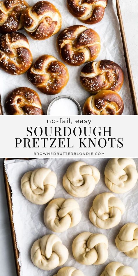 Sourdough pretzel knots bake up golden brown with a soft, fluffy center and that signature chewy outer crust that we all know and love. A fan favorite recipe warm from the oven. Don’t forget the mustard! | Browned Butter Blondie Pretzel Knots Recipe, Sourdough Pretzel Bread, Sourdough Cinnamon Knots, Sourdough Soft Pretzels, Sourdough Knots, Fancy Bread Recipes, Sourdough Blondies, Sourdough Recipes Easy, Sourdough Recipes Bread