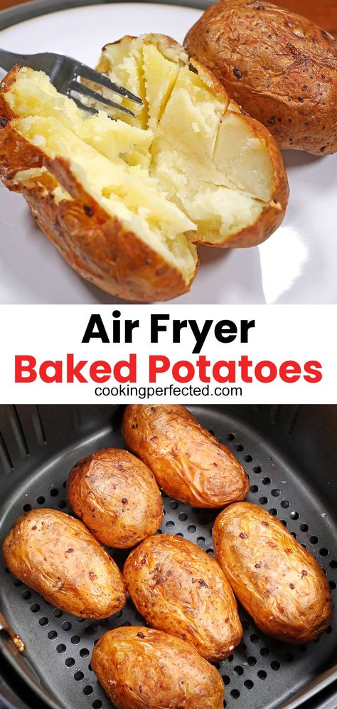 The air fryer works perfectly for cooking some delicious baked potatoes. They are super easy to get perfect. Air Fryer Jacket Potatoes, Jacket Potato Recipes, Jacket Potato Recipe, Air Fryer Recipes Potatoes, Jacket Potatoes, New Air Fryer Recipes, Air Fryer Recipes Snacks, Air Fryer Baked Potato, Air Fryer Cooking Times