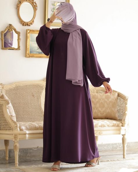 Purple Dream Classic Everyday Abaya / This abaya in deep purple is an absolute stunner! Going live today (Saturday) on our website at 4 pm PST. Purple Dress Hijab Outfit, Purple Abaya Hijab Outfit, Deep Purple Outfit, Purple Abaya, Everyday Abaya, Eggplant Purple Dress, Abaya Girl, Purple Hijab, Purple Clothes