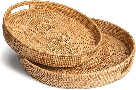 HITOMEN Hand-Woven Round Rattan Serving Tray Decorative Ottoman Wicker Platter with Handles for Coffee Table, Breakfast, Drinks, Snack, Bread, Fruit, Vegetables (Set of 2: M+L) Bread Serving Basket, Rattan Serving Tray, Snack Bread, Breakfast Drinks, Drink Tray, Bread Fruit, Elegant Tray, Rattan Tray, Round Serving Tray