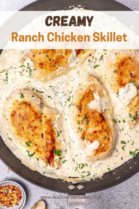 Delicious Creamy Ranch Chicken Skillet is easy to make and ready in less than 30 minutes! So tasty it will become a family favorite recipe. Chicken In Skillet Recipes, Ranch Chicken Stove Top, Chicken Recipes On The Stove, Creamy Ranch Sauce For Chicken, Stovetop Chicken Breast Recipes, Chicken Recipes On Stove Top, Chicken Ranch Stove Top Dinner, Ranch Skillet Chicken, Creamy Ranch Chicken Recipes