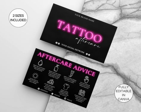 Tattoo Aftercare Card Template, Editable Tattoo Care Card, Printable Tattoo Artist Cards, Tattoo Care Instructions Canva Template. TDS-05 Tattoo Aftercare Instructions Card, Tattoo Business Ideas, Tattoo Aftercare Card, Tattoo After Care Instructions, Black Tattoo Studio, Tattoo Shop Business Cards, Tattoo Aftercare Kit, Tattoo Business Cards Ideas, Business Card Tattoo