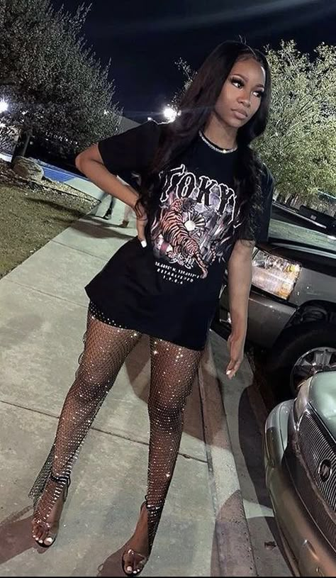 #baddieoutfit #baddiestyle #swag #girlsfashion #womenstshirts Rhinestone Fishnet Pants Outfit, Winter Vegas Dress, All Black Outfit For Concert, After Party Outfit Night, Comfortable Concert Outfit Ideas, Edgy Nye Outfit, Vegas Outfit Ideas Black Women, Club Baddie Outfits, Black And Bling Party Outfits