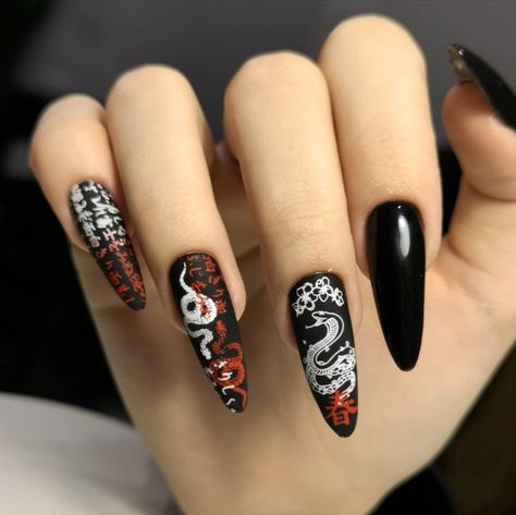 Nails Japanese Design, Red Snake Nails, Good Omens Nails, Snake Skin Nails, Burgundy Acrylic Nails, Fox Nails, Gel Polish Designs, Dragon Nails, Dragon Tattoo Art