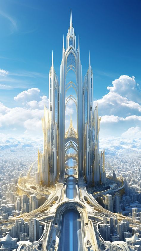 Futuristic Kingdom, Sci Fi City Futuristic Architecture, Futuristic Castle, Modern City Art, Futuristic City Utopia, Futuristic Places, Futuristic Artwork, Futuristic Landscape, Futuristic Cities