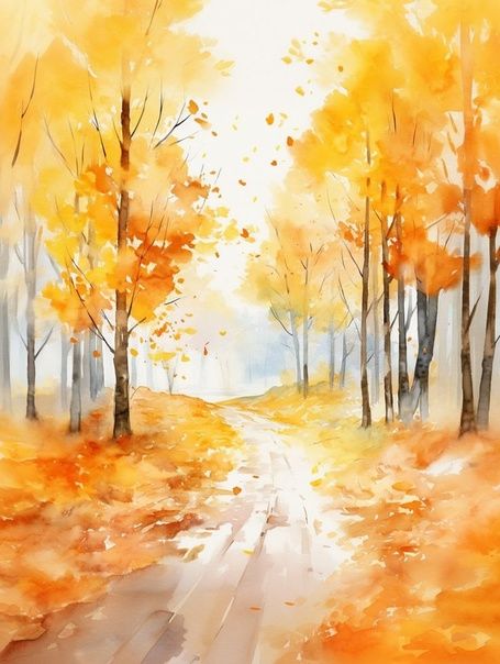 Autumn Pictures Art, Autumn Watercolor Landscapes, Fall Watercolor Landscape, Autumn Painting Ideas Easy, Autumn Watercolor Paintings, Fall Watercolor Paintings, Forest Watercolor Painting, Angel Sculpture Art, Woods Autumn