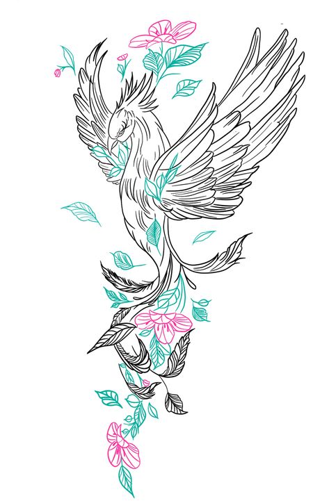 Floral Phoenix Tattoo Design, Phenix Tattoo For Women Thigh, Phoenix With Flowers Tattoo Design, Large Phoenix Tattoo Feminine, Phoenix Back Tattoos For Women, Flower Phoenix Tattoo, Phoenix Tattoo Flowers, Spiritual Flowers Tattoo, Phonex Tattoo Drawings