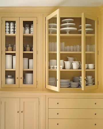 Yellow Kitchen Love | Content in a Cottage Yellow Cupboards, Yellow Kitchen Cabinets, Crockery Cabinet, Yellow Cabinets, Farmhouse Kitchen Cabinets, Kitchen Cabinet Organization, Yellow Kitchen, Trendy Kitchen, Favorite Kitchen