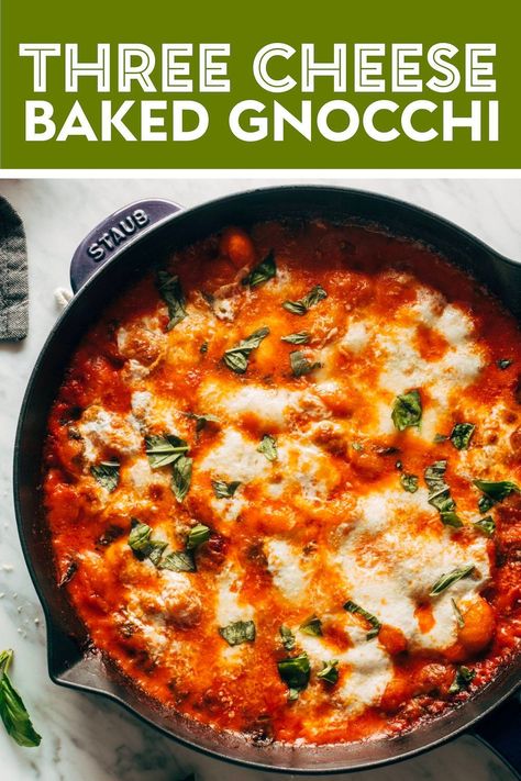 Three Cheese Baked Gnocchi with Spinach: you're in for a treat with this deliciously easy dinner recipe! Tender gnocchi blanketed in a creamy tomato sauce, speckled with fresh spinach and bites of melty cheese. Gorgeous! | pinchofyum.com Gnocchi Meals, Gnocchi With Spinach, Sage Butter Sauce, Gnocchi Pasta, Italian Meals, Baked Gnocchi, Gnocchi Recipe, Easy Tomato Sauce, Sweet Potato Gnocchi