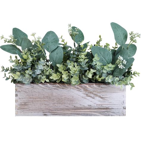 PRICES MAY VARY. Quantity: Package contains 4 fake seeded eucalyptus short stems, 3 small faux eucalyptus bunches and 1 rustic rectangular wooden planter. The greenery stems and wood box are separate, giving you the flexibility to create a personalised arrangement. Simply place the eucalyptus in the planter and arrange as you like for a stunning display. This set makes it easy to create a simple yet striking centrepiece that adds a touch of nature to any room. Color: Faux eucalyptus picks showca Nature, Eucalyptus Arrangement, Eucalyptus Stems, Greenery Centerpiece, Faux Eucalyptus, Greenery Arrangements, Farmhouse Centerpiece, Wooden Planter Boxes, Wooden Planter