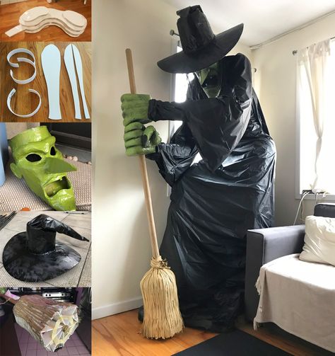 Giant DIY witch statue! Card Board Halloween Decorations, Halloween Witch Prop, Yard Witch, Witch Statue, Scary Woods, Paper Mache Halloween, Witch Decorations, Diy Halloween Witch, Witch Props