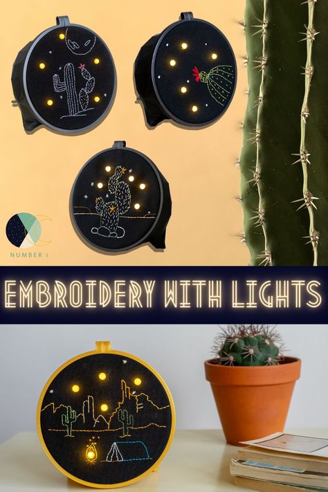 Embroidery Lamp, Embroidery Room, Night Embroidery, Cactus Lamp, Cloud Wall Hanging, Boho Cactus, Flowering Cactus, E Textiles, Desert Night