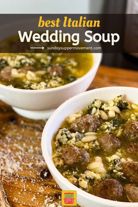 Soup in a bowl with green veggies, meatballs, noodles and Parmesan cheese. Half Baked Harvest Italian Wedding Soup, Best Italian Wedding Soup, Wedding Soup Recipe, Spinach Parmesan, Italian Wedding Soup Recipe, Parmesan Bread, Healthy Italian, Wedding Soup, Meatball Soup