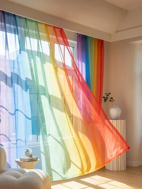 Rainbow Curtains, Mesh Curtain, Rainbow Bedroom, Rainbow House, Rainbow Room, Home Curtains, Living Room Spaces, Colorful Curtains, Cute Room Decor