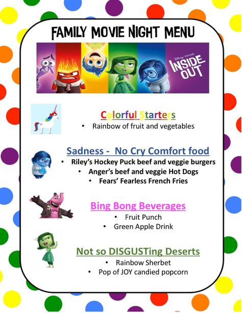 Inside Out Dinner, Inside Out Movie Night, Disney Movie Themed Dinner, Themed Dinners Ideas, Family Movie Night Themes, Disney Movie Night Menu, Disney Themed Movie Night, Disney Movie Night Food, Inside Out Movie