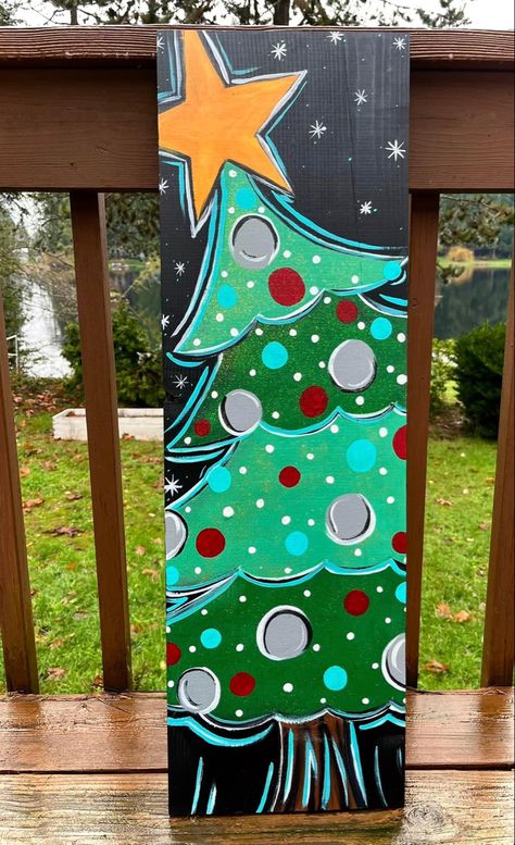 Painting Porch Leaners, Christmas Board Painting, Easy Christmas Paintings On Wood, Porch Leaners For Christmas, Christmas Tree Painted On Wood, Christmas Tree Painting On Wood, Christmas Door Leaner, Painting On Wooden Planks, Christmas Porch Leaners