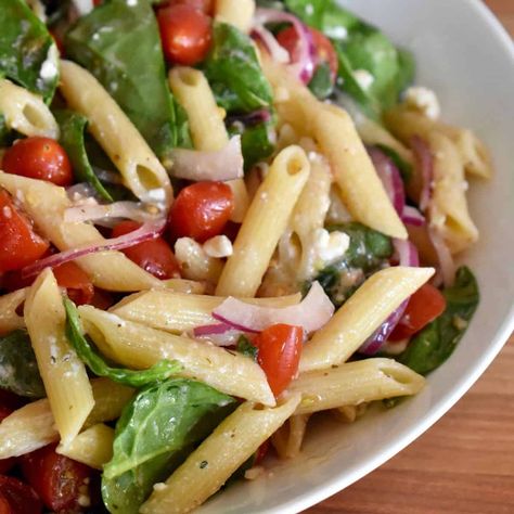 Spinach Pasta Salad Salad Recipes Spinach, Pasta And Spinach, Spinach Pasta Salad, Balsamic Chicken Marinades, Farro Salad Recipes, Salad With Spinach, Pasta Salad With Spinach, Recipes Spinach, Pasta Salad Dressing